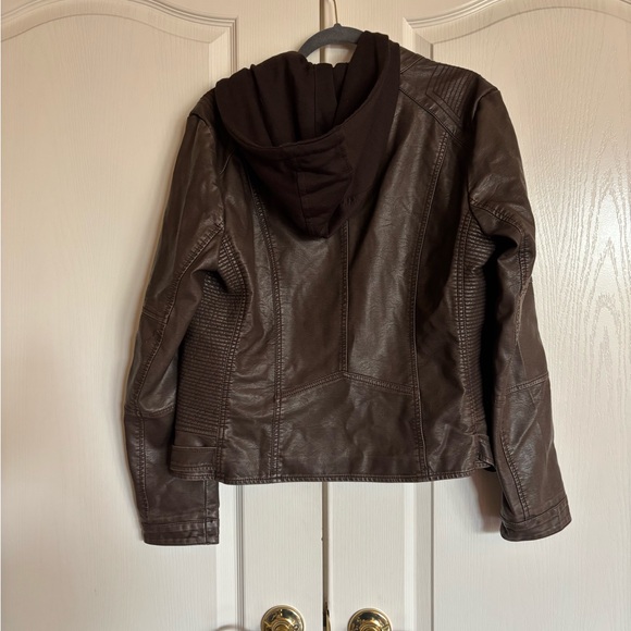 Lock & Love brown faux leather hooded motorcycle jacket size XL - Picture 6 of 7